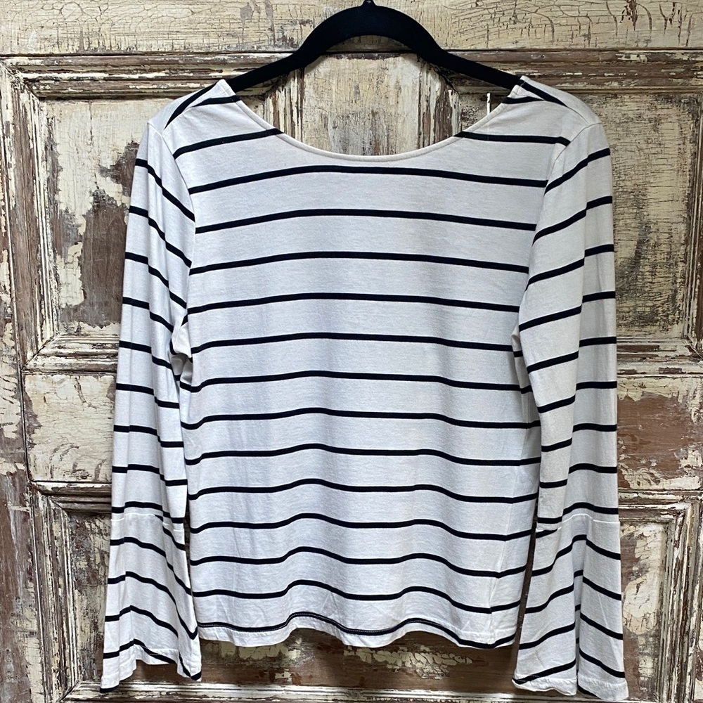 cupcakes & cashmere Black and White Striped Blouse Bell Sleeves, Size L